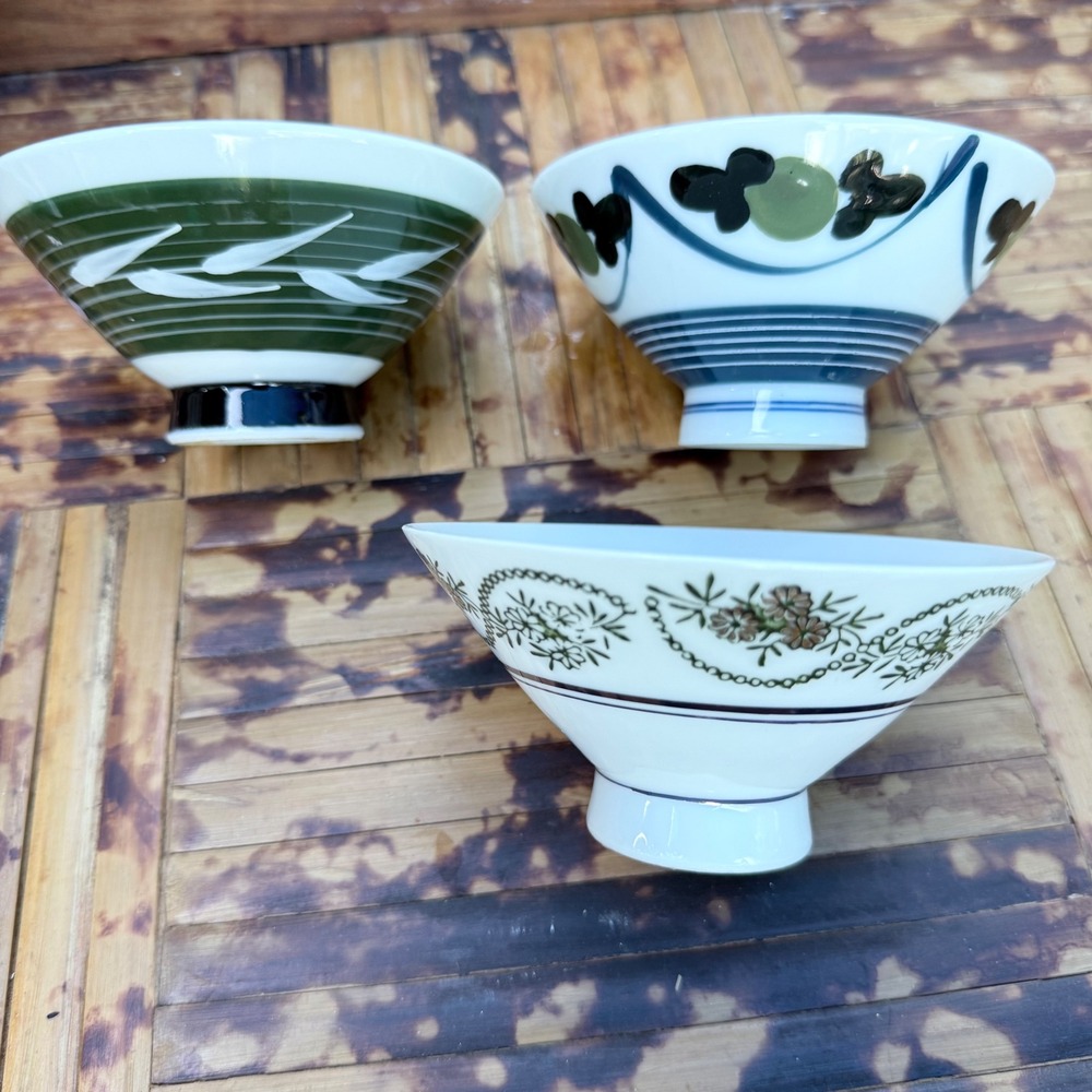 Assortment of 3 Japanese Rice Bowls Floral & Striped Patterns Hand-Painted Style